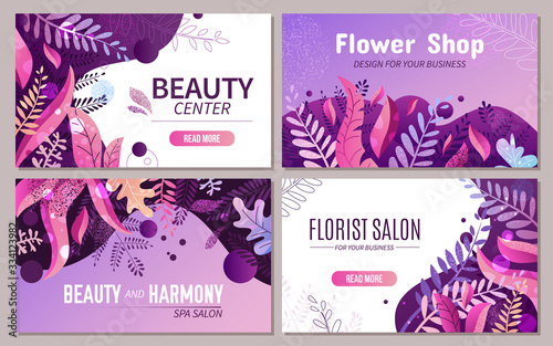 Set of cards and banners for beauty center, flower shop, spa or florist salon for web or design templates. Trendy textured flat vector illustration with violet and pink vibrant bright gradient plants