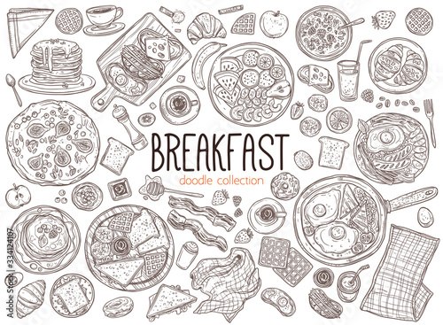 Set of doodle breakfast food and good morning elements and icons. Vector sketch hand drawn illustration photo