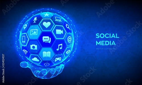 Social media global connection concept. Social networking and blogging. Abstract 3D sphere or globe with surface of hexagons with a different social media icons in wireframe hand. Vector illustration