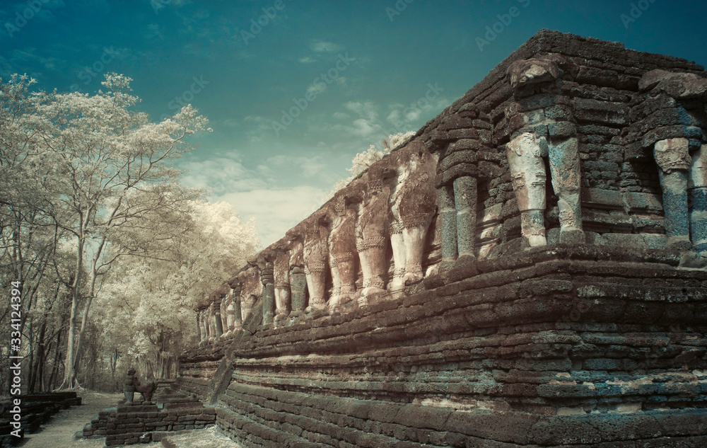 Fototapeta premium Infrared fine art photography of Sukhothai Kingdom Kamphaeng Phet Historical park attractions old city and national parks historic sites in Thailand,Photo process contain with some gain and noise.