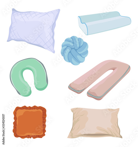 Set of pillows. Collection of pillows in various forms for relaxation and good sleep. Colorful illustration for shops.