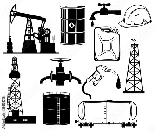 Set of oil production. Collection of  petroleum industry: drilling, extraction and processing of oil and gas. Equipment for safe oil production. Vector illustration on a white background.