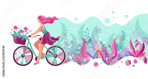Trendy vector textured flat design with woman or young girl riding bicycles with basket full of flowers on wavy nature floral background with plants, trees and branches. Stylish bright green and pink