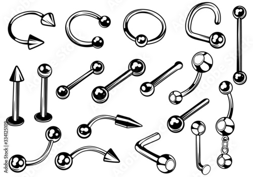 Set of earrings for piercing. Collection of metal accessories for punctures of any part of the body. Vector illustration for tattoo salons.