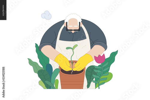 Gardening people, spring - modern flat vector concept illustration of an elderly man wearing white apron and yellow gloves planting an avocado sprout into a flower pot. Spring gardening concept