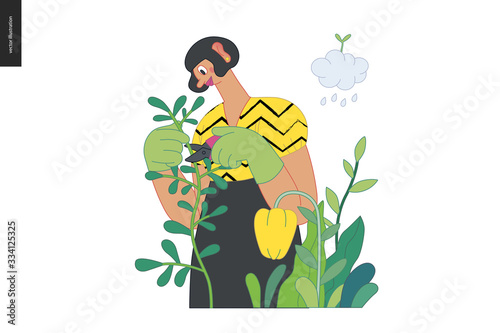 Gardening people, spring - modern flat vector concept illustration of a young brunette woman wearing gardening gloves cutting a plant with garden scissors. Spring gardening concept