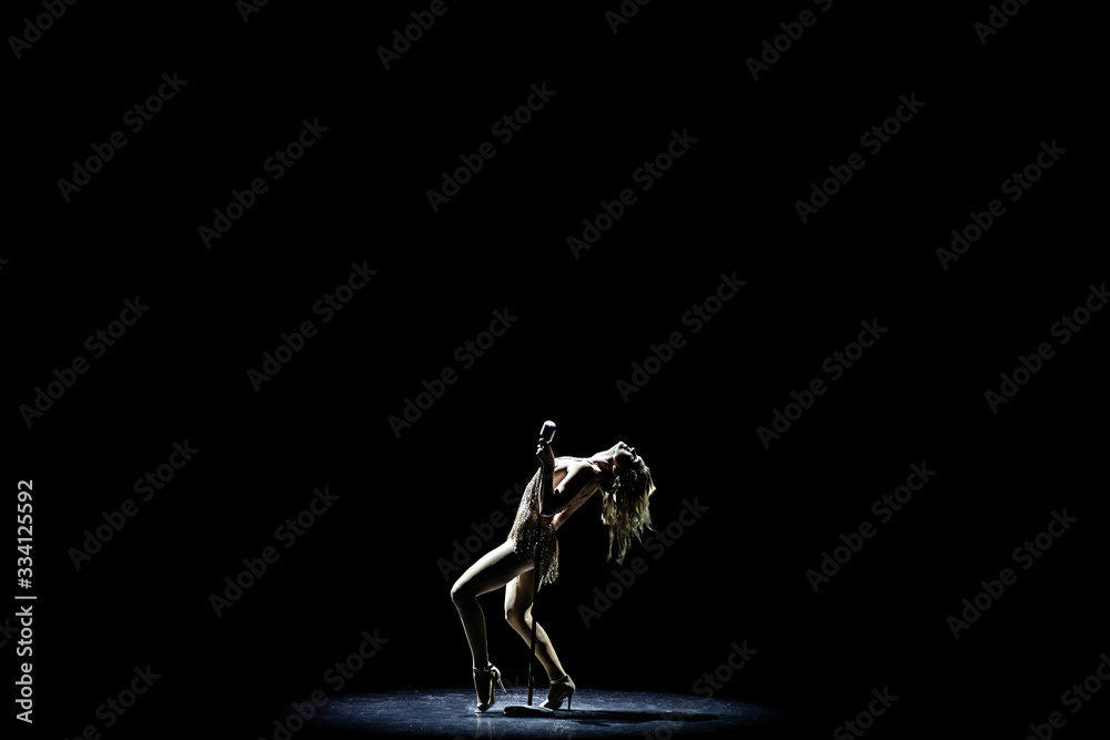 Fototapeta premium Silhouette of Beautiful good shaped blond woman singing on the stage with microphone