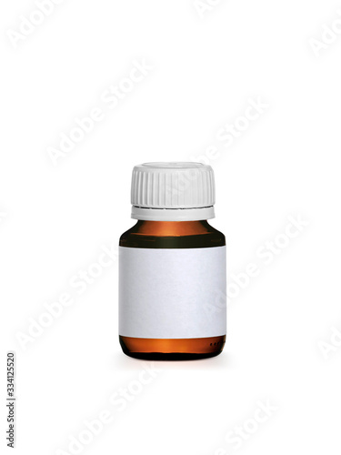 Brown medicine bottle with label isolated on white background