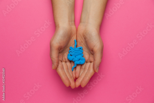 Human intestines on a pink background, constipation and digestive problems. Treatment with probiotics, bowel irritation. photo