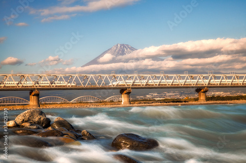 Mountain Fuji and railway in winter season from Shizuoka prefecture.