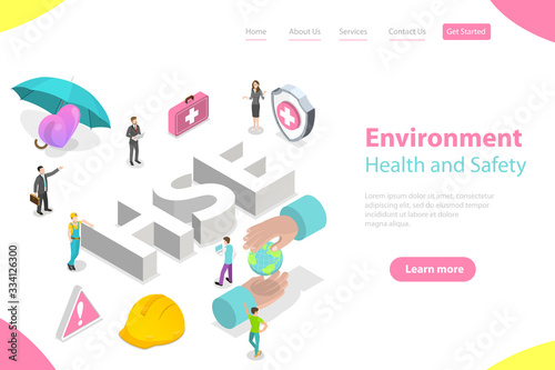Isometric Flat Vector Landing Page Concept of HSE, Practical Aspects of Environmental Protection and Safety at Work, Health Safety Environment.