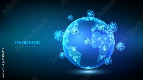COVID-19 Pandemic concept. Coronavirus 2019-nCoV virus attack on Earth globe. Abstract low polygonal planet Earth and virus cells. Viruses, bacteria, microbes on world map simulation. Editable Vector.
