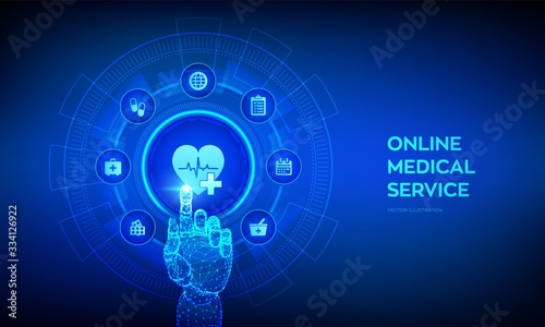 Online medical services, consultation and support concept on virtual screen. Doctor online. Medical clinic communication with patient. Robotic hand touching digital interface. Vector illustration.