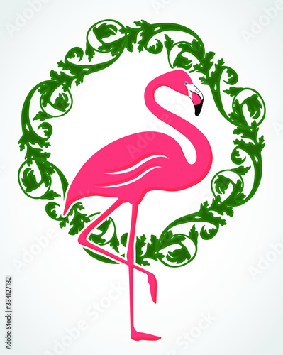 pink flamingo bird with green floral ornamental wreath