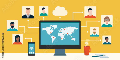 Professional workers and freelancers working together online