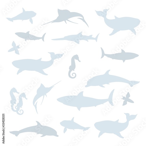 Shadow play. Vector set isolated on white of silhouettes, blue shapes, icons, pictograms of marine animals, fishes, inhabitants dolphins, swordfish, whales, sharks, seahorses, sea angels sawfish