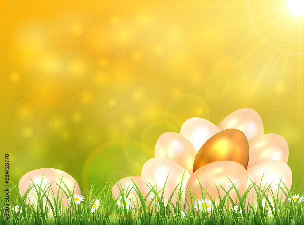 Golden Easter Eggs in Grass on Yellow Nature Background