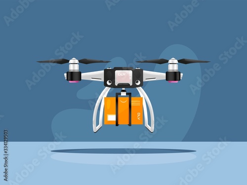 Unmanned aerial vehicle carrying square box package to customer. Safe no contact air delivery drone with two propellers isolated vector image. Innovative technologies in retail and shipment.