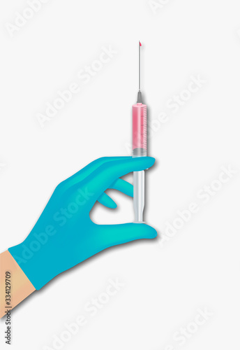 Doctor's hand holds a syringe with medicine. Isolated stock vector illustration.