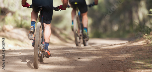 Fototapeta Naklejka Na Ścianę i Meble -  Athletes mountain biking on forest trail, mountain bike race	