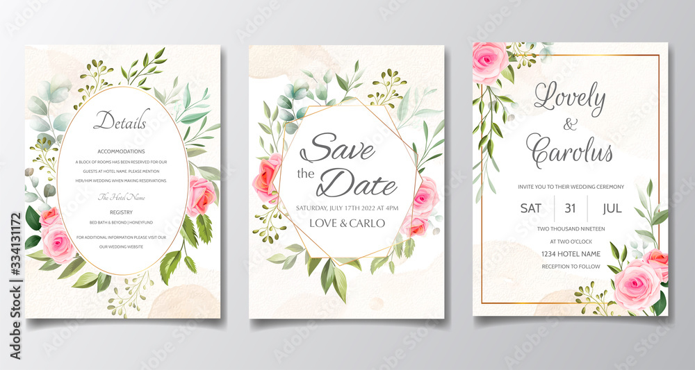 Elegant wedding invitation card set template with colorful flower and greenery leaves