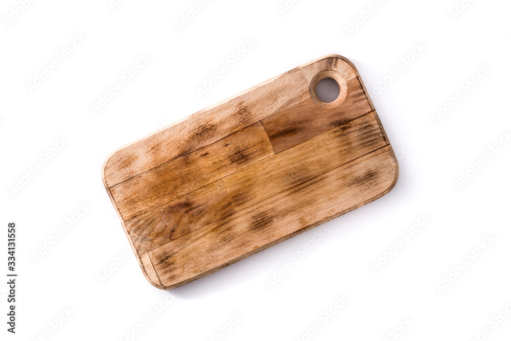 Empty wooden cutting board isolated on white background. Top view