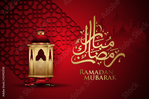 Luxurious and elegant design Ramadan kareem with arabic calligraphy, traditional lantern and Islamic ornamental colorful detail of mosaic for islamic greeting.Vector illustration.