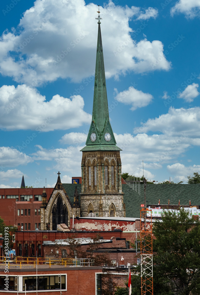 An old church in Saint John Canada with a green steeple