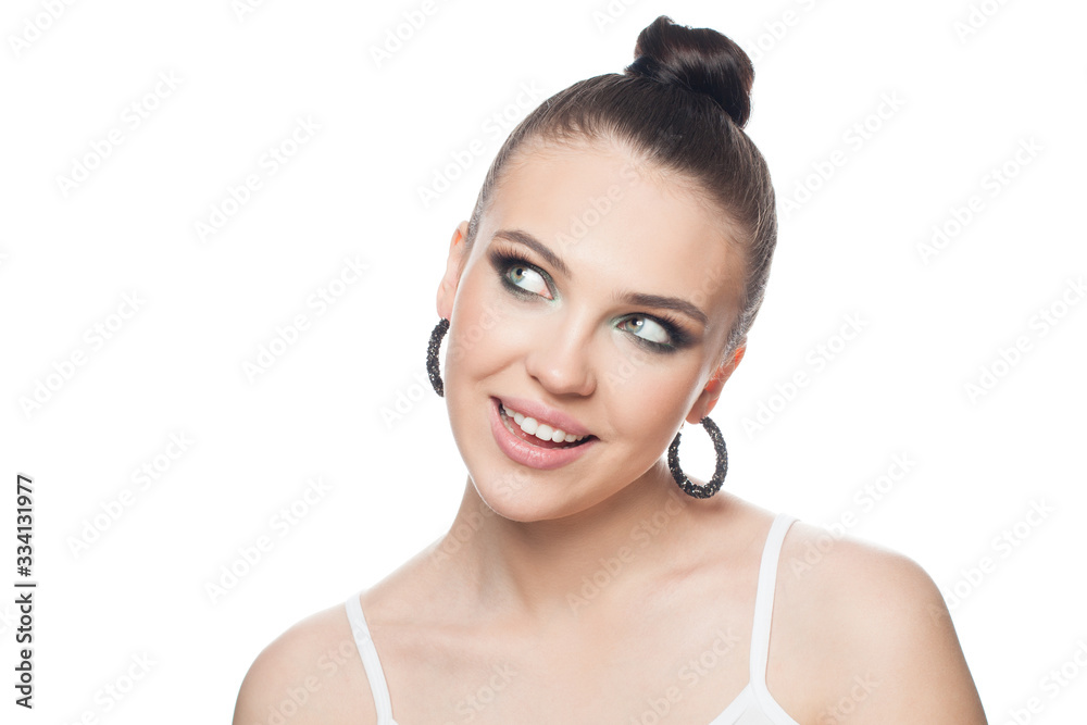 Young beautiful woman looking aside and smiling isolated on white background Young beautiful woman looking aside and smiling isolated on white background