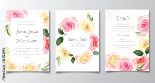 Elegant wedding invitation card set template with colorful flower and greenery leaves