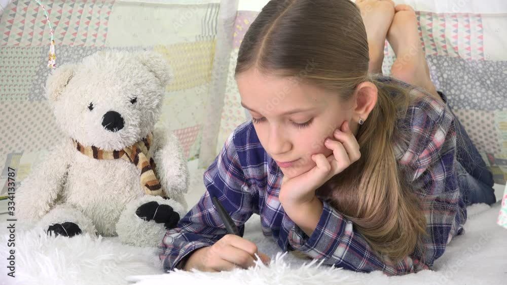 Child Playing Tablet in Playroom Girl Writing Homework for School Kid Playground Child Playing Tablet in Playroom Girl Writing Homework for School Kid Playground