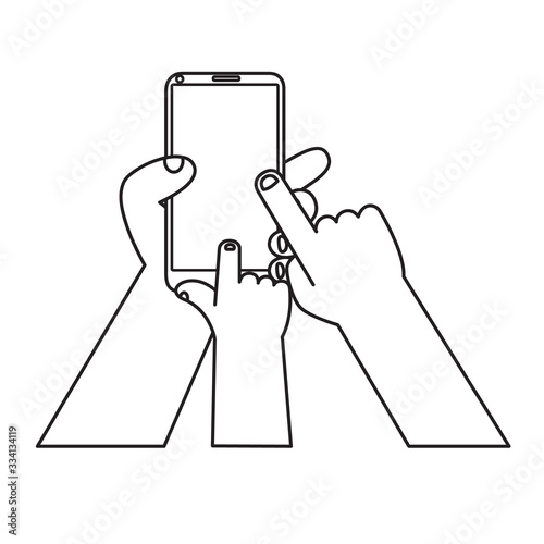 Family hands using smartphone in social network. Cartoon flat icon vector illustration. Parents teach their children to use the internet.