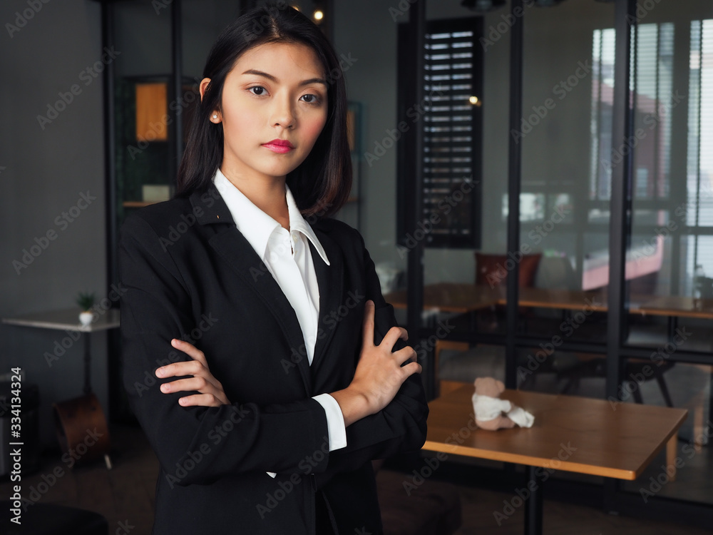 asia business man woman standing cross arm and pointing,thumbs up,looking camera copy space asia business man woman standing cross arm and pointing,thumbs up,looking camera copy space