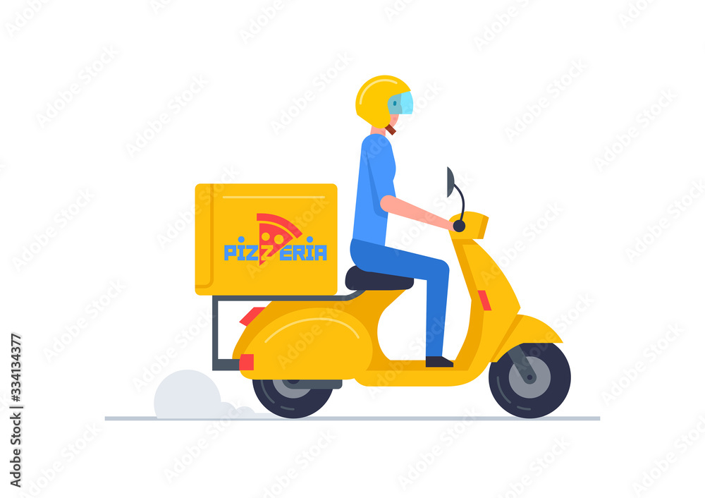 Courier Delivering Pizza on scooter. Pizza delivery service. concept flat design