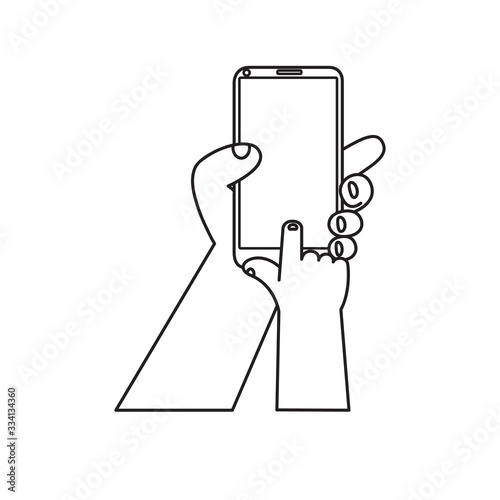  Parent's hand and child's hand using smartphone in social network. Cartoon flat vector illustration. Parent's hand teach their children to use the internet.
