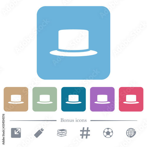 Silk hat flat icons on color rounded square backgrounds