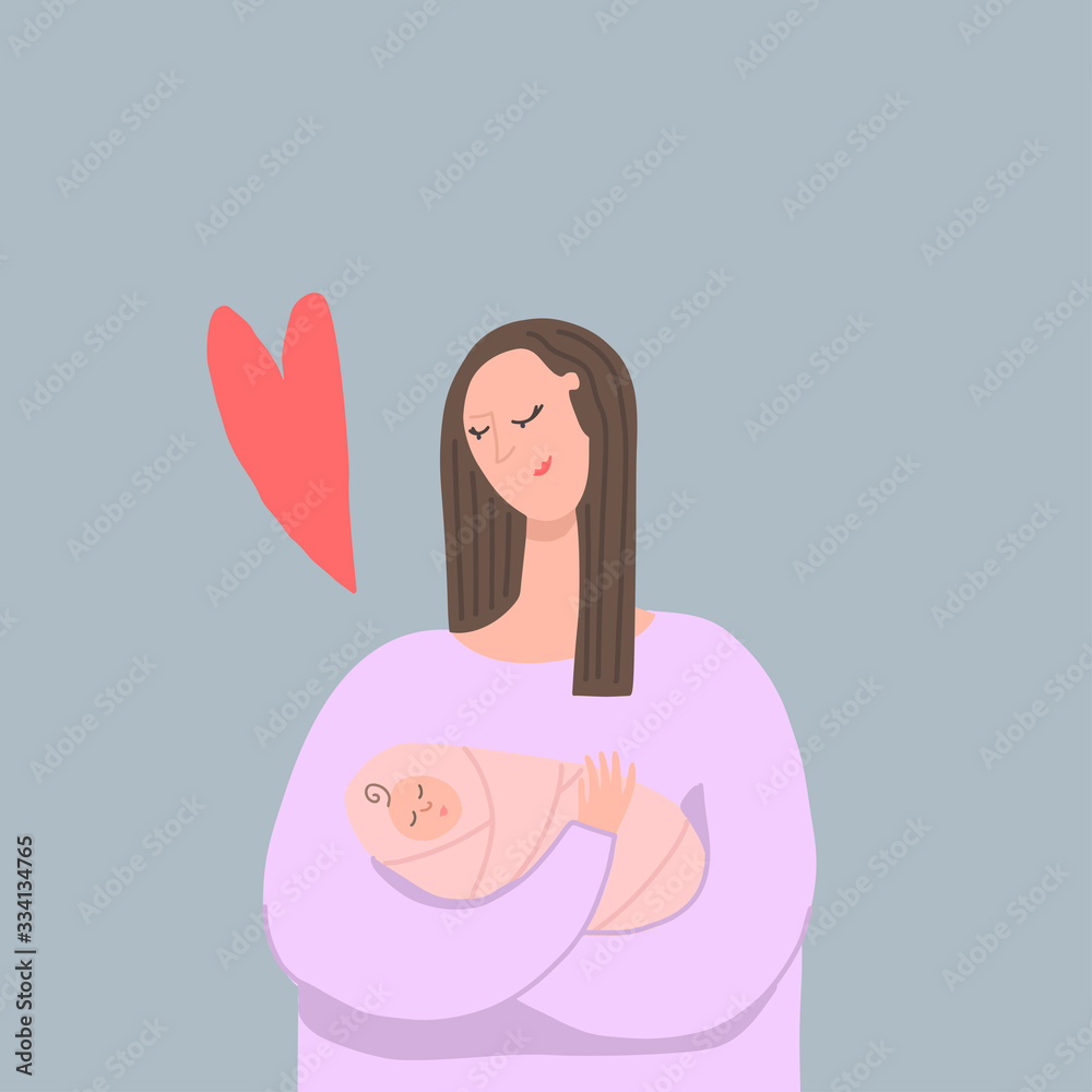 Woman with newborn baby. Happy mother. Family love. Vector illustration Woman with newborn baby. Happy mother. Family love. Vector illustration