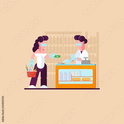 Cashless payments. Supermarket during quarantine. Store caters to a number of people. - Vector