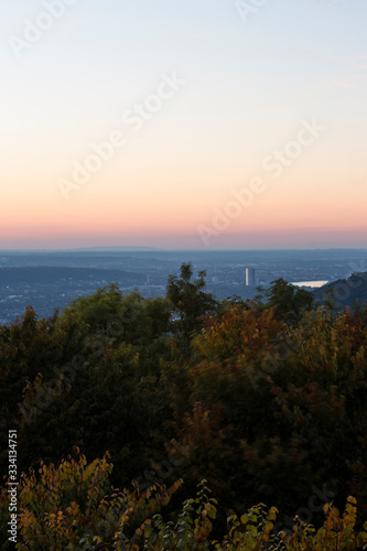 Skyline over the Rhine into a German low mountain range at sunset