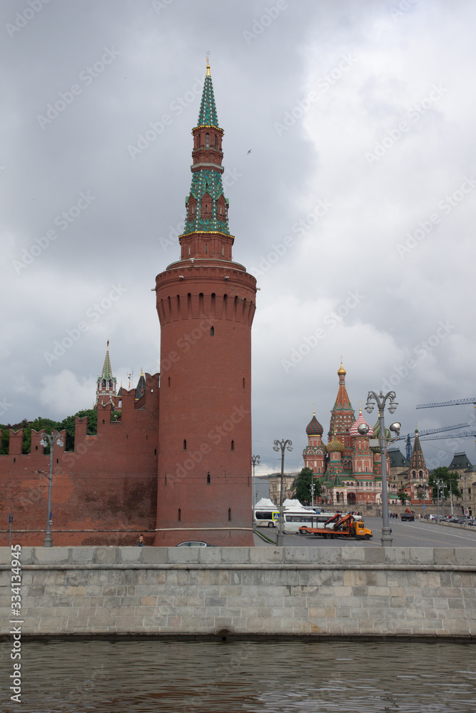 View of the Kremlin wall Tower from the Moscow river View of the Kremlin wall Tower from the Moscow river