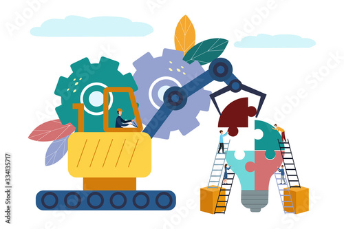 Vector illustration People connecting puzzle elements. Flat design. Teamwork, cooperation, partnership. Puzzle light.