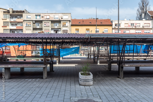 Empty market place after coronavirus or covid-19 pandemia in Novi sad, Serbia city. 