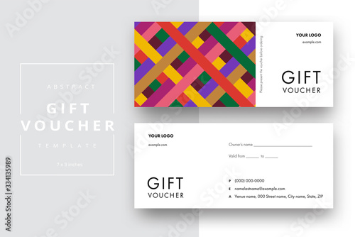 Abstract gift voucher card template. Modern discount coupon or certificate layout with geometric shape pattern. Vector fashion bright background design with information sample text.