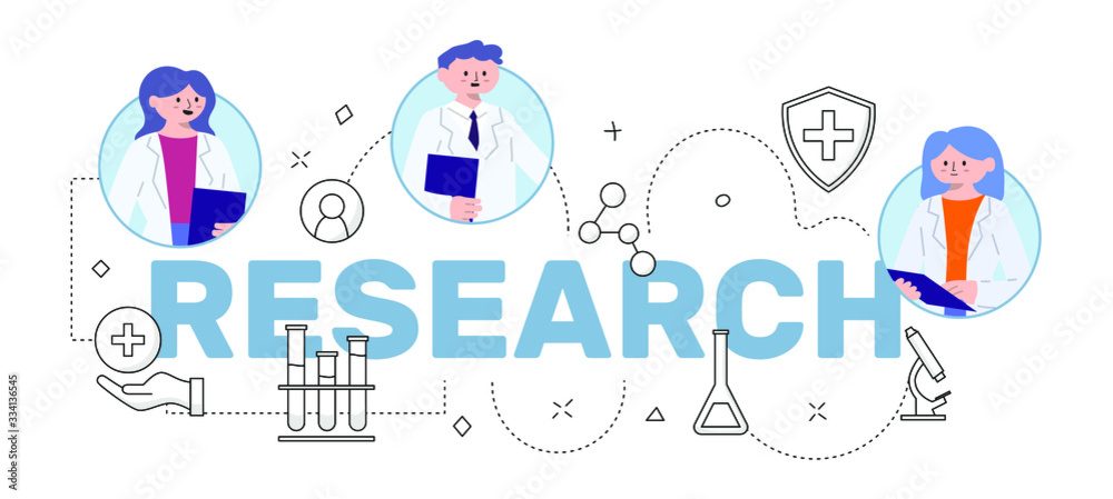 Vector Illustration Flat Style Medical Scientists Doing Research Analysis and Investigation Title Design lettering typography