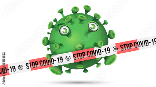 Grüner Virus hinter rot-weissem Absperrband mit der Aufschrift - Stop Covid-19