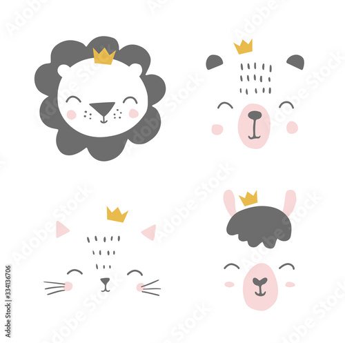 Cute simple animal portraits with crowns - bunny, bear, cat, alpaca, llama, hare. Designs for baby clothes, posters, greeting card. Hand drawn characters. Vector illustration.