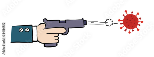Hand drawn vector of Wuhan corona virus, covid-19. Man in the suit fires the gun and has corona virus instead of bullet.