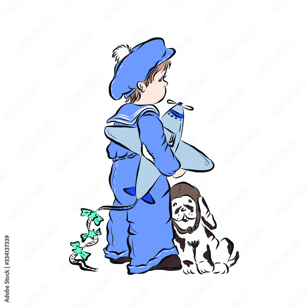 Naklejka premium Little pilot holds toy airplane standing next to dog. 