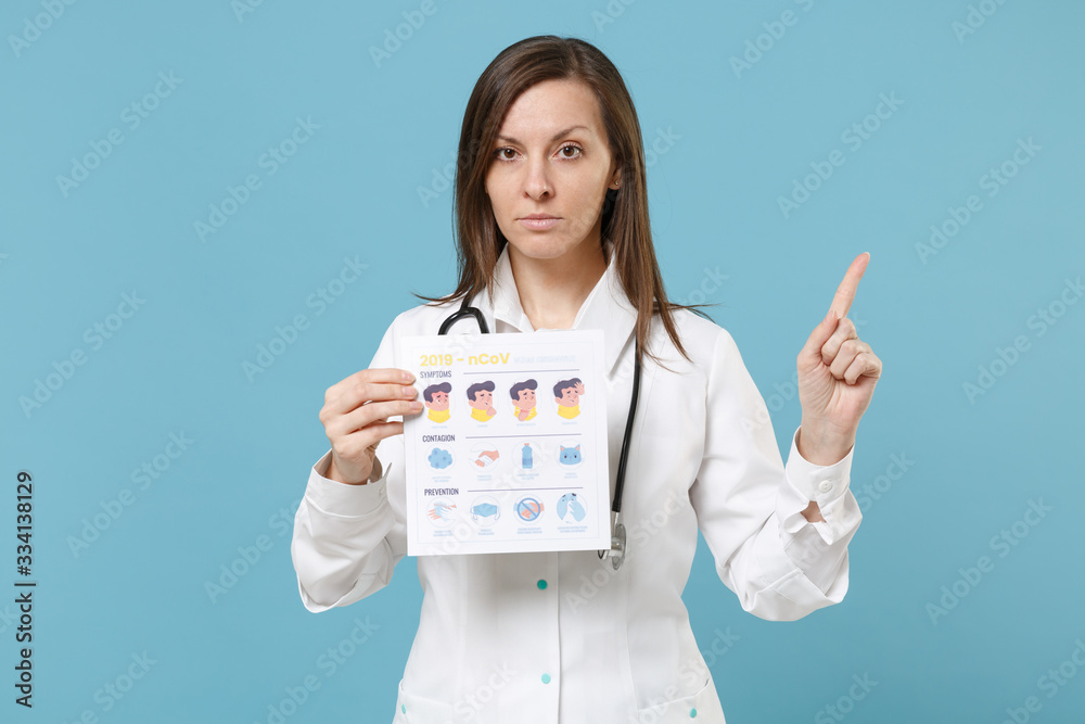 Doctor woman female in white medical suit gown hold card with symptom contagion prevention isolated on blue background studio. Epidemic pandemic rapidly spreading coronavirus 2019-ncov virus concept. Doctor woman female in white medical suit gown hold card with symptom contagion prevention isolated on blue background studio. Epidemic pandemic rapidly spreading coronavirus 2019-ncov virus concept.
