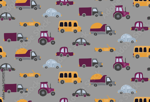 Vector cartoon transportation background for children. Seamless pattern with toy cars, bus